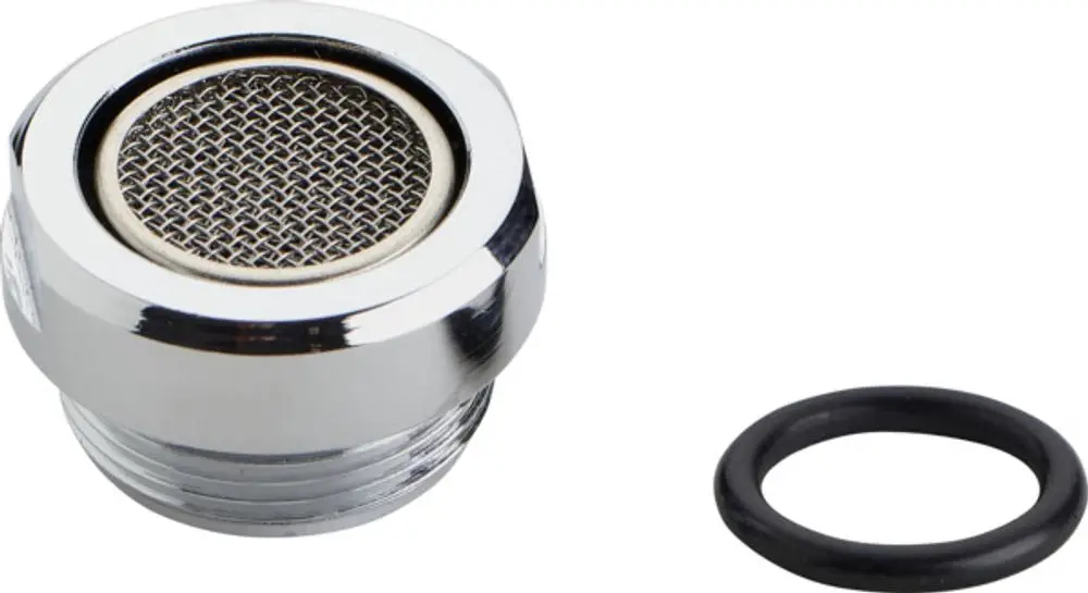 Chromfarbener Luftsprudler mit feinem Sieb und schwarzer Dichtung. Ideal Standard Produkt zur Wasseroptimierung.